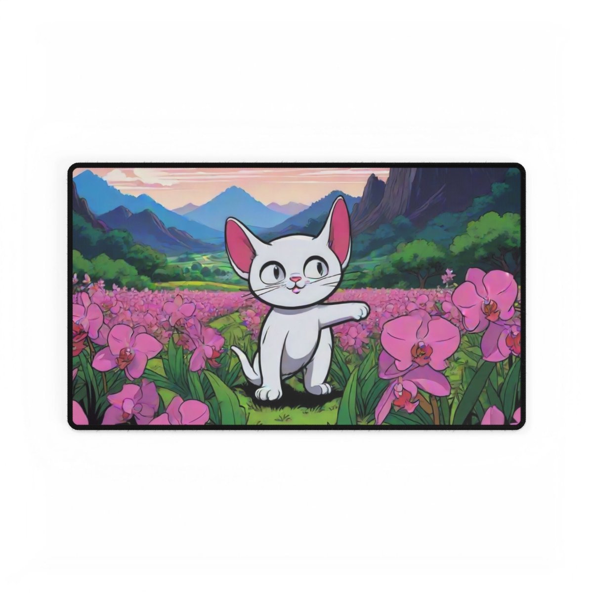 Cartoon Cat with Pink Fields Desk Mat Japanese Cute XL Mousepads