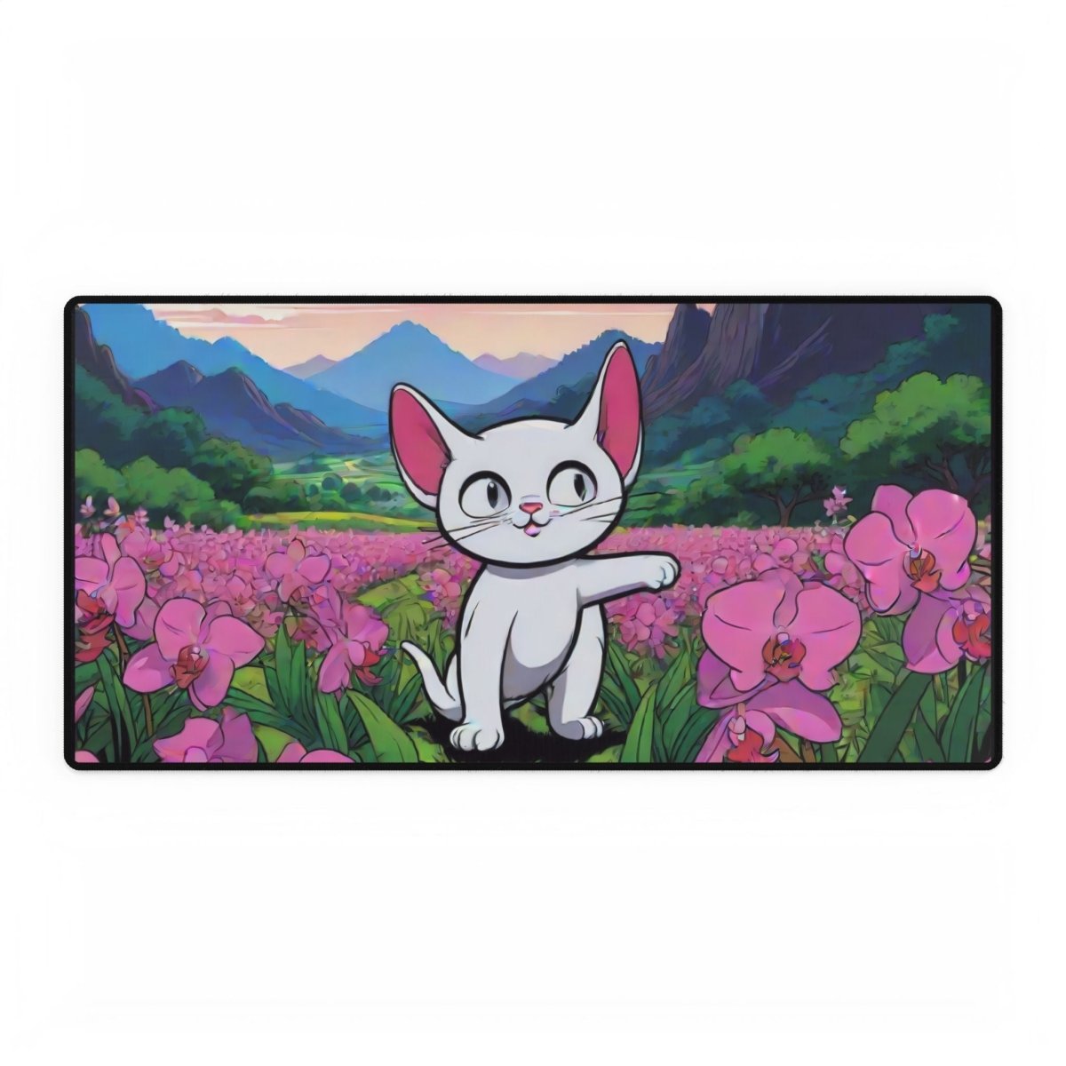 Cartoon Cat with Pink Fields Desk Mat Japanese Cute XL Mousepads