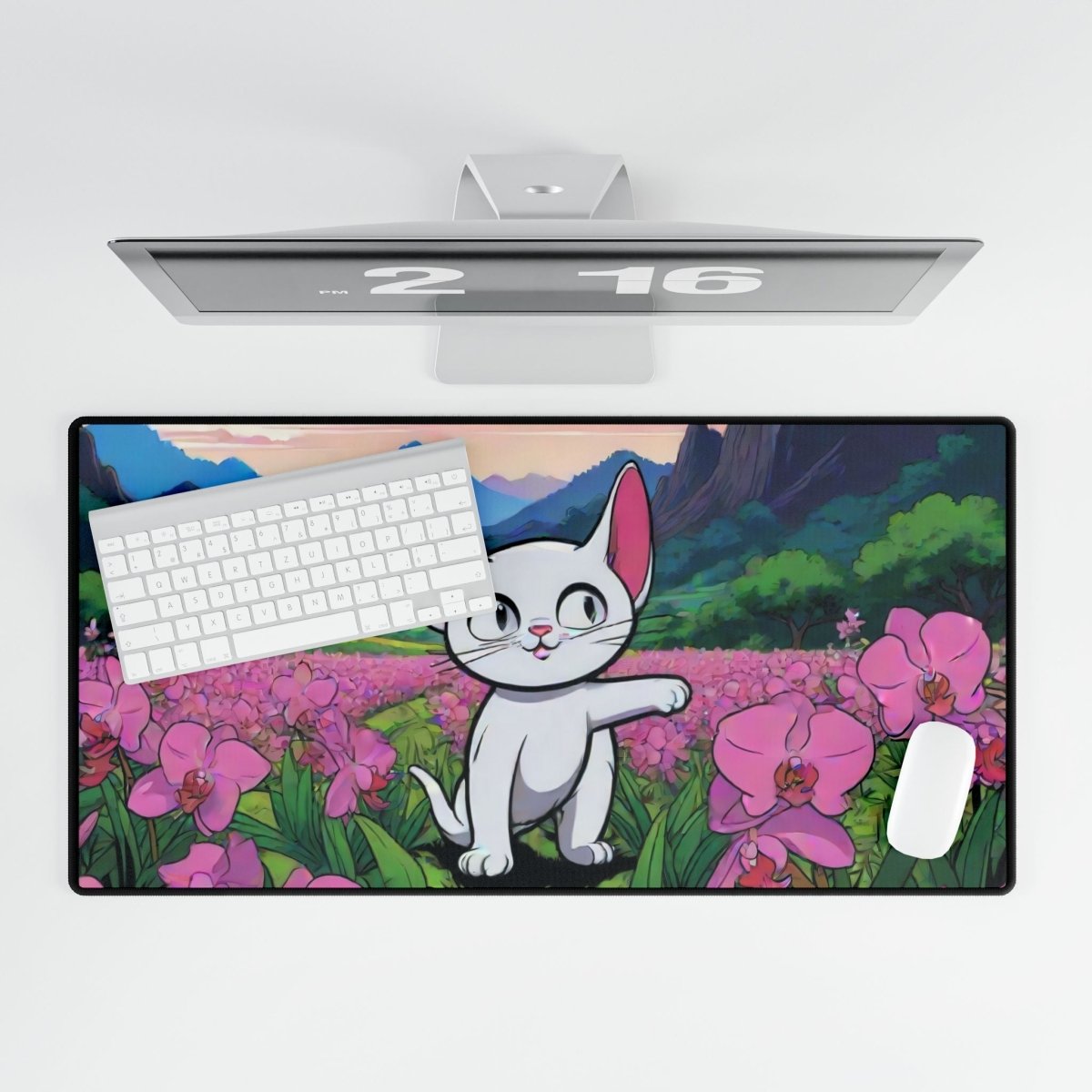 Cartoon Cat with Pink Fields Desk Mat Japanese Cute XL Mousepads