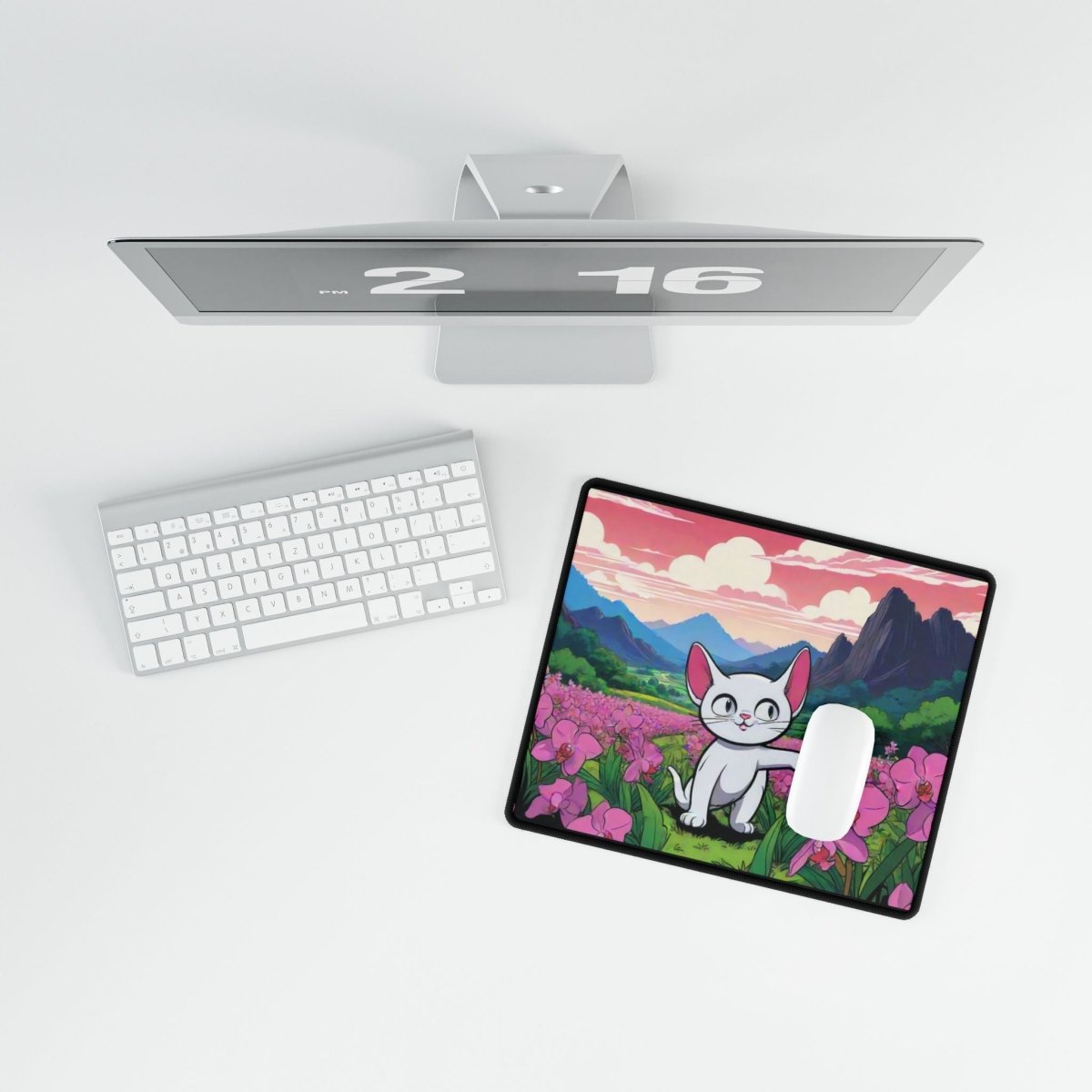 Cartoon Cat with Pink Fields Desk Mat Japanese Cute XL Mousepads